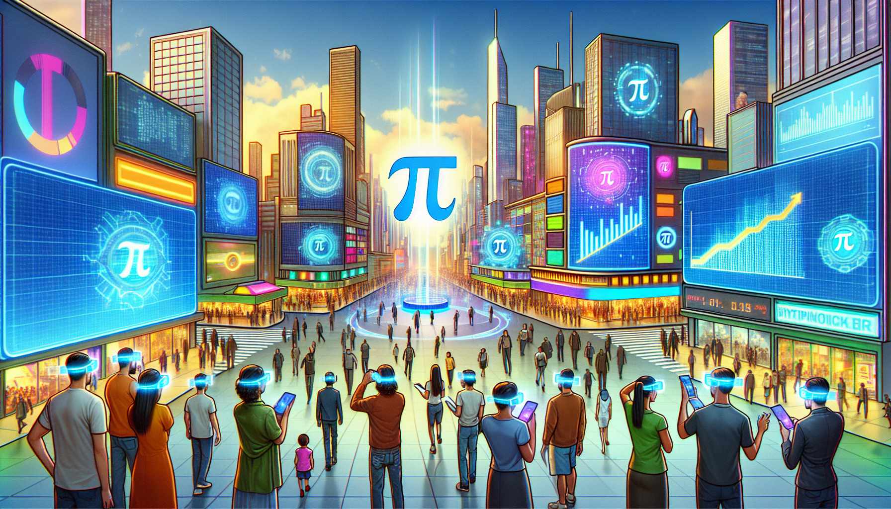 Create an image that encapsulates the future potential of Pi Currency: Depict a bustling futuristic cityscape where people are making transactions using Pi Currency through advanced gadgets like augmented reality glasses and wearable tech. Incorporate visible signs of Pi Currency logos on billboards and holographic displays. Feature diverse demographics to indicate global adoption, along with indicators of positive market trends such as digital screens showing growth graphs and Pi Currency exchanges. The skyline should be vibrant, modern, and filled with innovative technology to highlight the promising future and widespread use of Pi Currency.