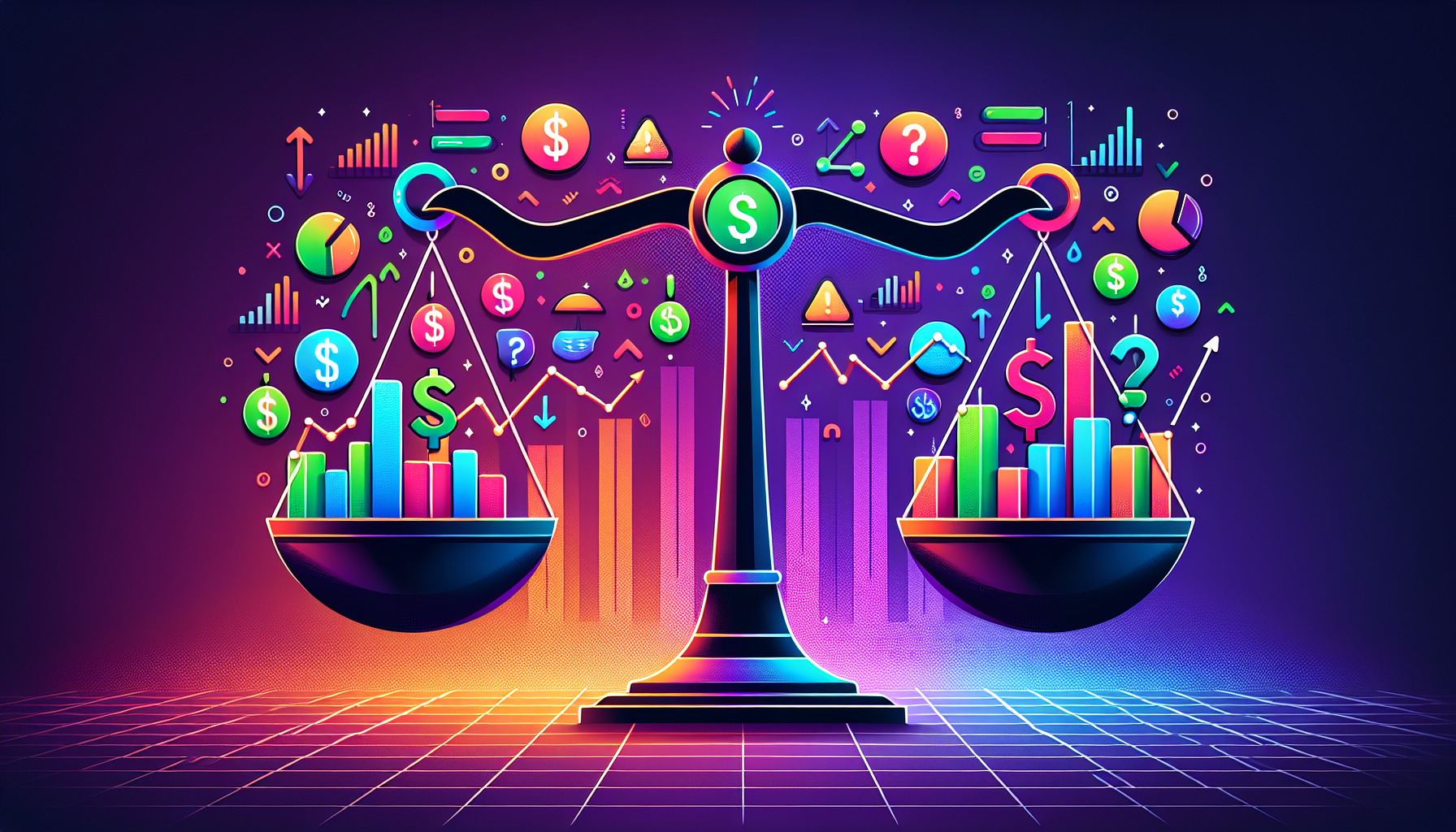 Create an image depicting the concept of Benefits and Risks of Webull Margin Trading. The image should include a balance scale with Benefits on one side and Risks on the other. On the Benefits side, show symbols like a dollar sign, a rising graph, and a check mark. On the Risks side, represent symbols like a warning sign, a downward graph, and a question mark. The background should be themed with Webull