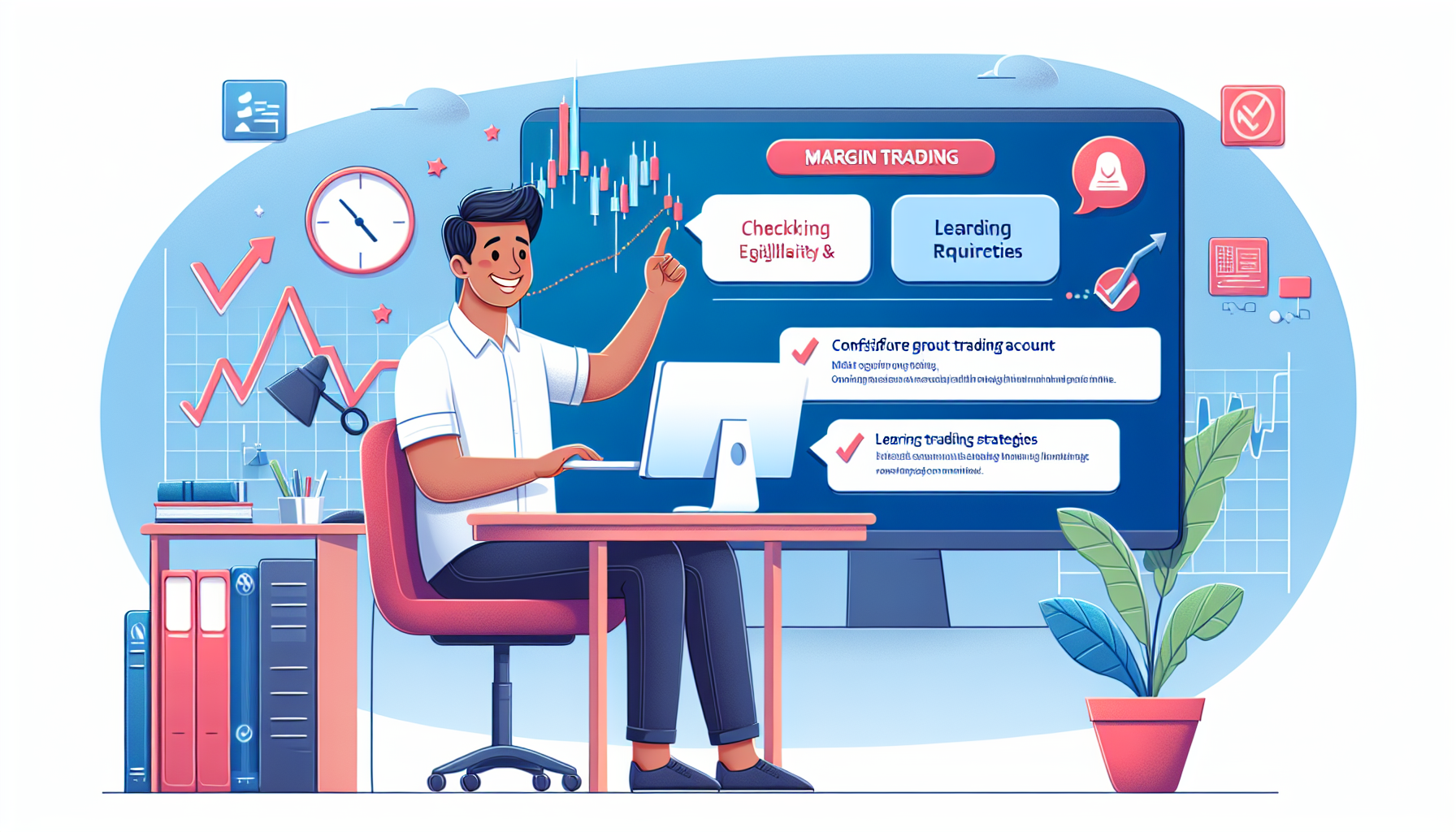 Create an image depicting the process of getting started with margin trading on Webull. Show a cheerful user completing a step-by-step guide on their computer, with visual cues highlighting eligibility and requirements, setting up the margin account, and tips for effective trading. The background can feature subtle financial charts and relevant icons to convey the theme of margin trading. Incorporate the Webull logo for brand recognition.