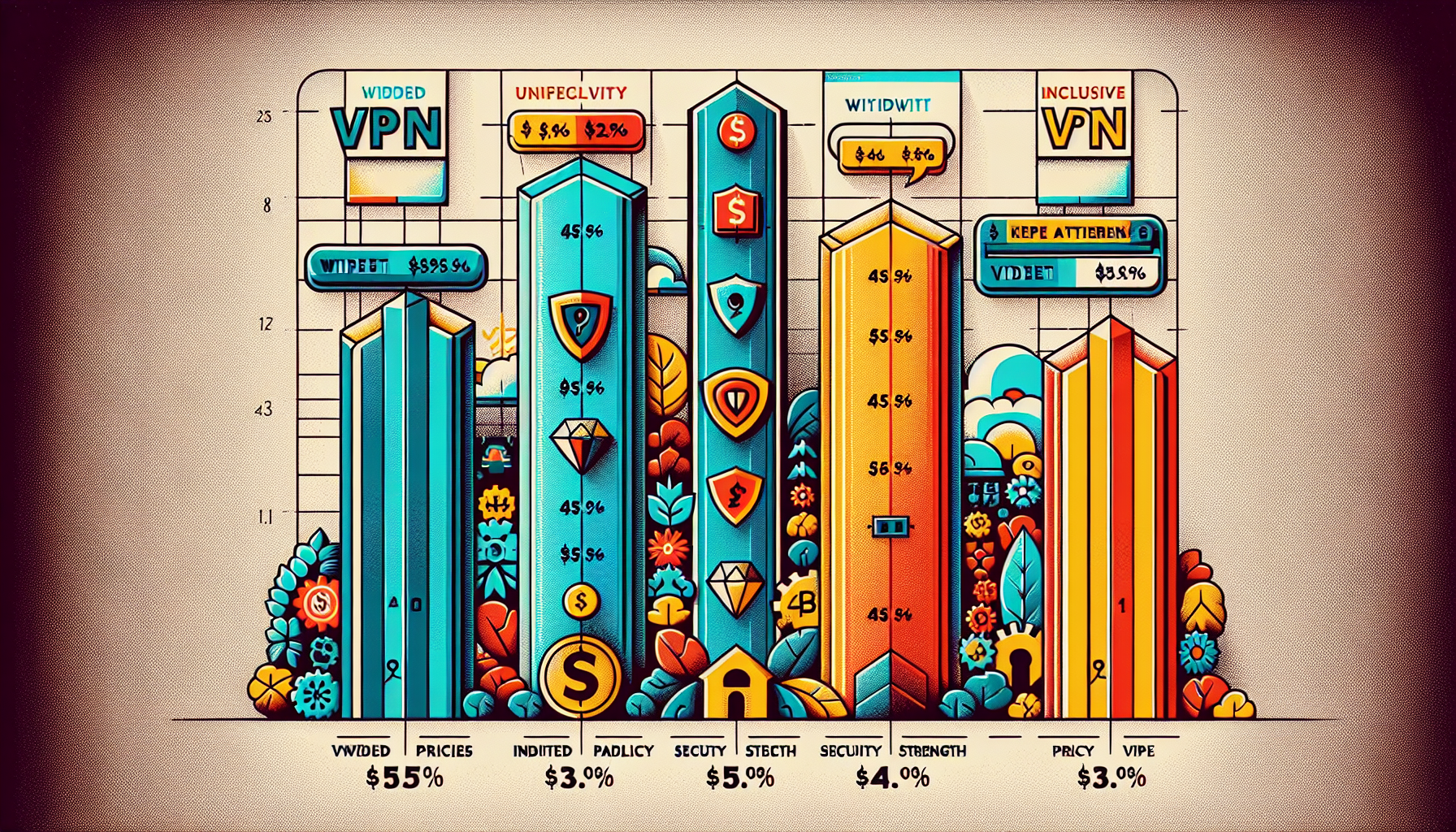 Prompt for DALL-E:

Create an illustration showing a side-by-side comparison chart of NordVPN and other popular VPN services. Each column should include the service logo, monthly price, and key features like speed, security, and additional offerings. The background should be neutral, and the focus should be on visual clarity and ease of comparison.