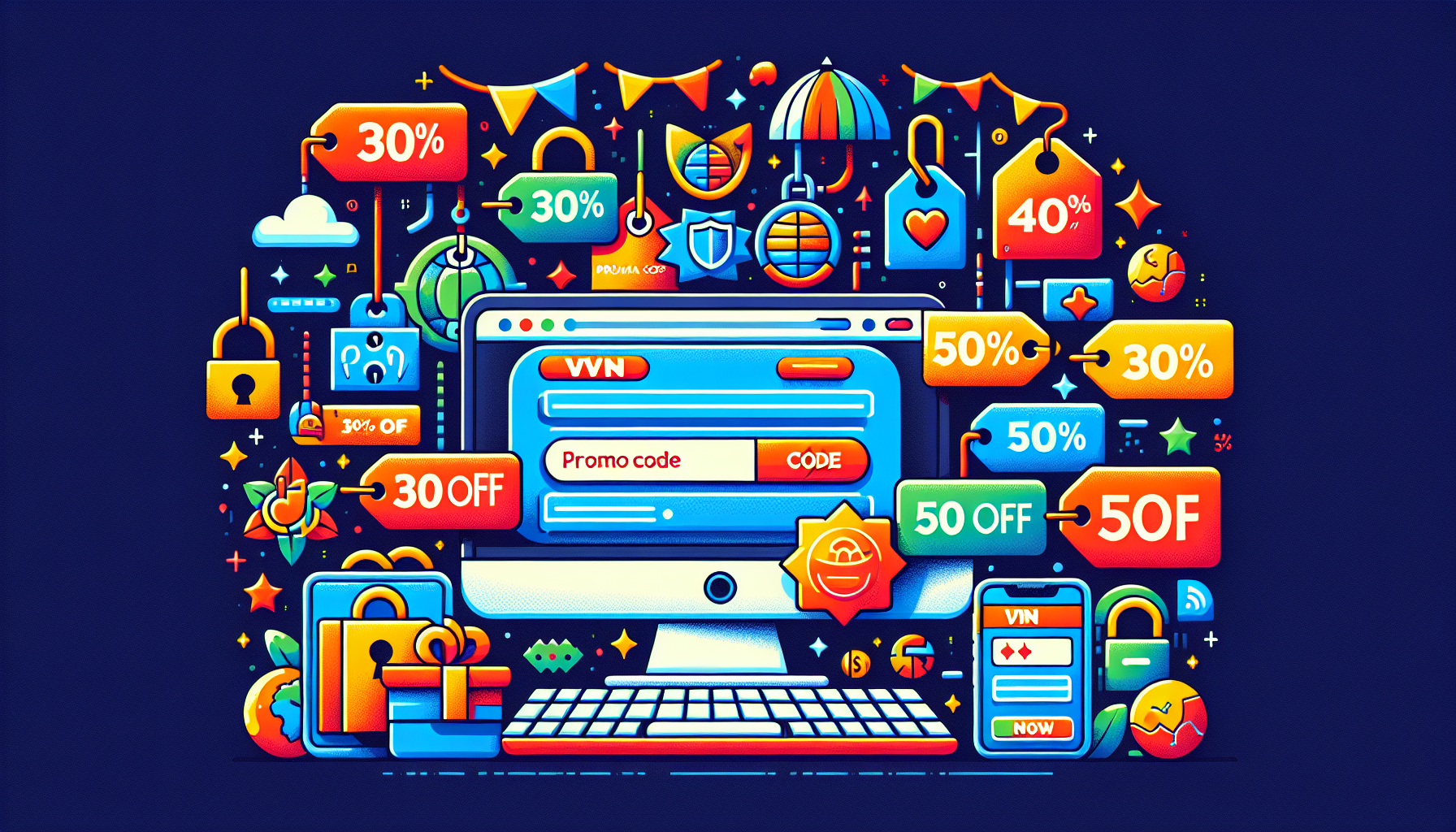 Create an image that visually represents various discounts, promotions, and special offers for NordVPN. Include elements such as tags showing percentage discounts (e.g., 30% Off, 50% Off), a computer screen displaying the NordVPN website with a promo code input field, and festive elements like holiday decorations or sale banners symbolizing special events. The background can feature subtle VPN-related icons such as padlocks, checkmarks, and internet symbols to reinforce the concept of online security.