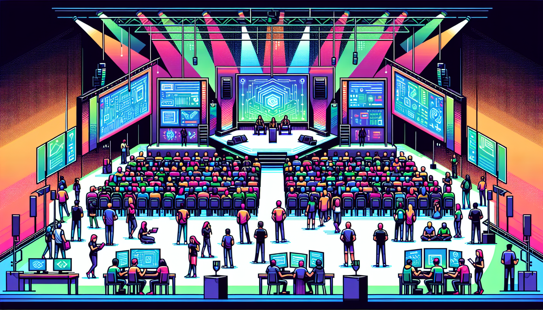 Prompt for DALL-E:

Create an image capturing the dynamic atmosphere of the Esports Business Summit. Highlight a large conference hall filled with engaged attendees, featuring a prominent stage with a keynote speaker delivering a presentation. Showcase participants networking and exchanging ideas in modern, tech-driven breakout areas. Emphasize cutting-edge workshops with interactive learning sessions, displaying a mix of digital storytelling, live demonstrations, and attendees actively participating. Use vibrant colors and futuristic elements to reflect the innovative spirit of the esports industry.

Keyword: esports business summit.