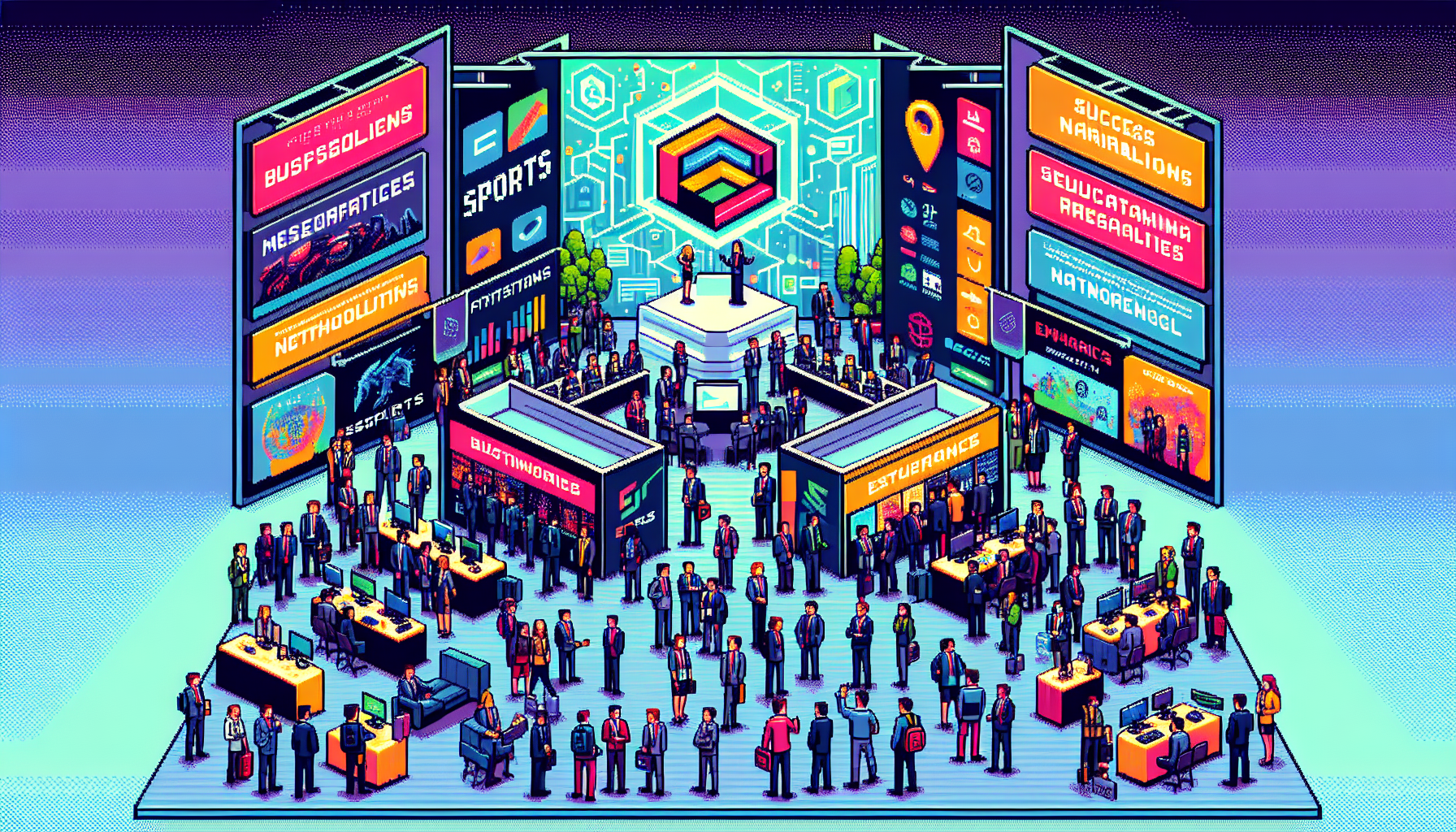 An image of a bustling esports business summit featuring animated discussions among industry professionals, various business booths showcasing innovative technologies, and a central stage with a keynote speaker. Include visuals of networking spaces, informative presentations, and a backdrop with success stories from previous summits. Highlight a vibrant atmosphere of collaboration and learning.