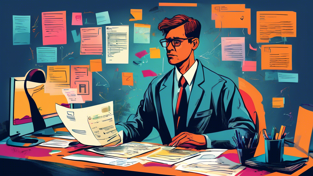 Create an image depicting a person at a desk with a computer, reviewing profiles of wreck attorneys. Surround the person are notes and documents with checklists, key questions, and highlighted fee structures. The scene should convey a thorough research process, including arranging initial consultations and comparing legal costs effectively. The mood should be professional and focused.