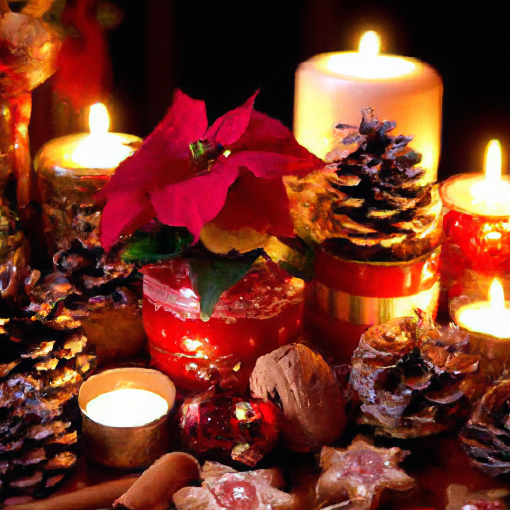 Create an image that showcases a variety of high-quality Christmas scented candles displayed in a cozy holiday setting. The candles should have different scent profiles such as pine, cinnamon, gingerbread, and peppermint, clearly labeled or indicated by visuals like pine cones, cinnamon sticks, gingerbread cookies, and candy canes around them. The scene should include a warm and inviting living room with festive décor, such as a Christmas tree, stockings, and twinkling lights, to highlight the diverse options and aesthetic appeal of the candles. Include elements that suggest the quality of the candles, such as beautifully designed jars, elegant packaging, and natural ingredients.