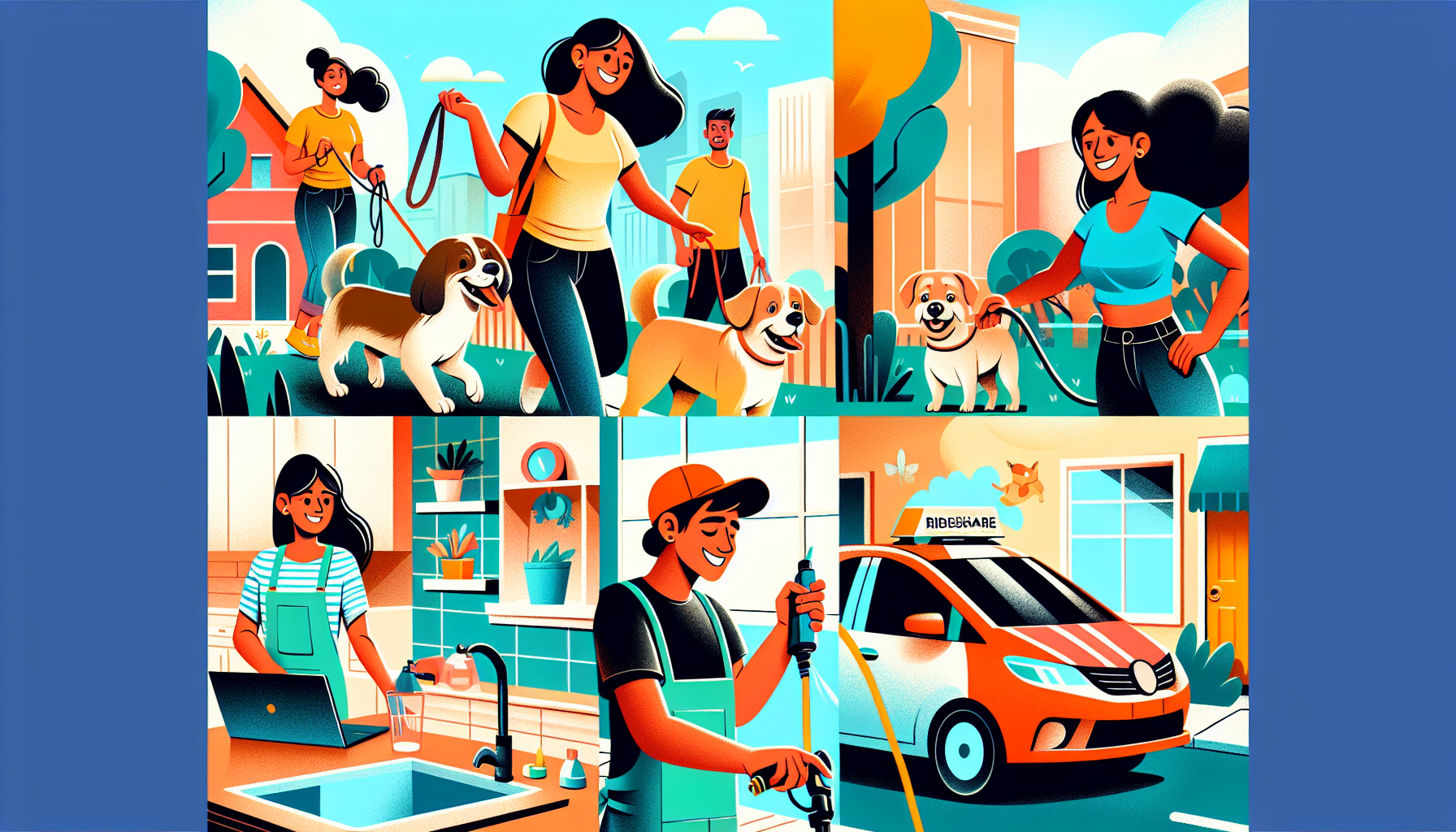 An illustration depicting various local side gigs in 2023: a cheerful dog walker strolling with several dogs in a park, a handyman fixing a leaky faucet in a cozy kitchen, and a rideshare driver helping a smiling passenger into their car. The scene is vibrant and bustling with everyday activities, showcasing the diverse ways people can earn extra money in their local communities.