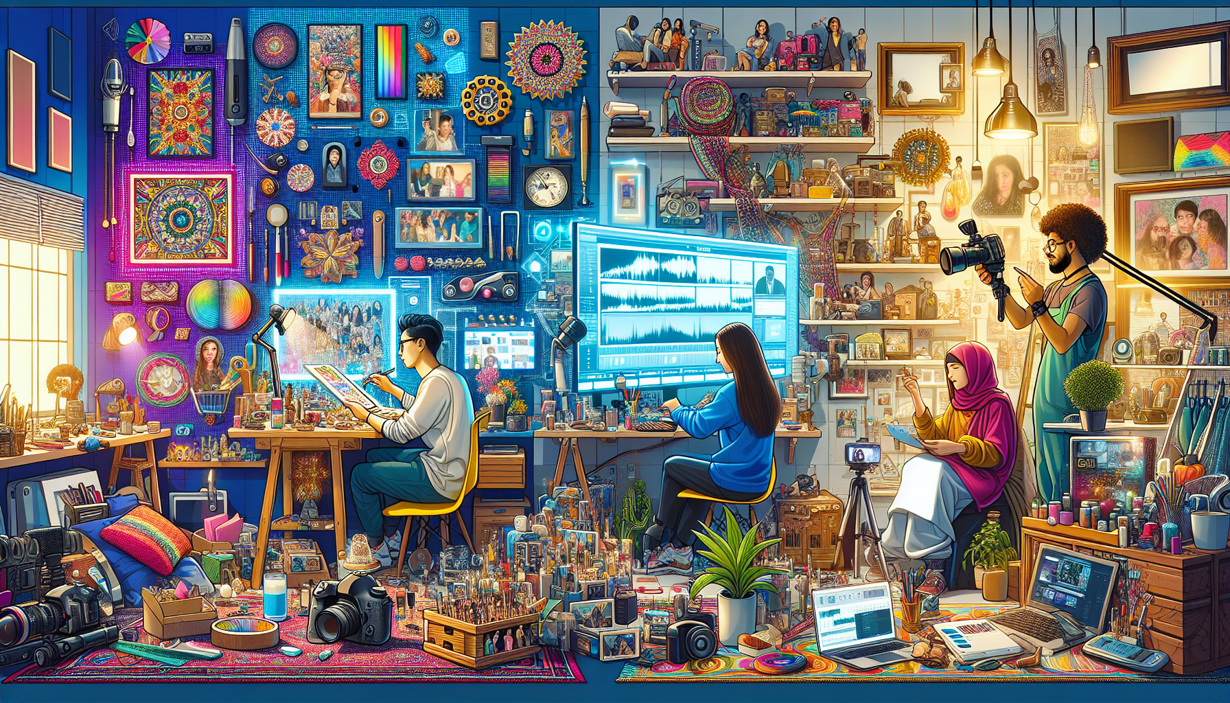 Create an image that showcases creative side gigs for extra money in 2023: A digital scene featuring a cozy home workspace with multiple creative activities happening simultaneously. On one side, a person is meticulously crafting handmade goods, displayed beautifully on a table. Nearby, another individual is engrossed in recording a YouTube video with a camera set up, surrounded by vlogging equipment. In the background, another person is editing photographs and videos on a high-resolution screen. The setting should be vibrant, full of color, and neatly organized to highlight the productive and inspiring atmosphere.