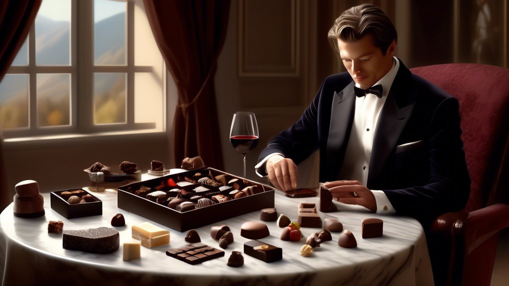 An elegantly dressed connoisseur in a luxurious setting, examining and tasting an assortment of gourmet chocolates, with a glass of red wine and a selection of fine cheeses on a nearby marble table. The scene reflects a sensory evaluation focusing on the appearance, aroma, and flavor of each chocolate piece.