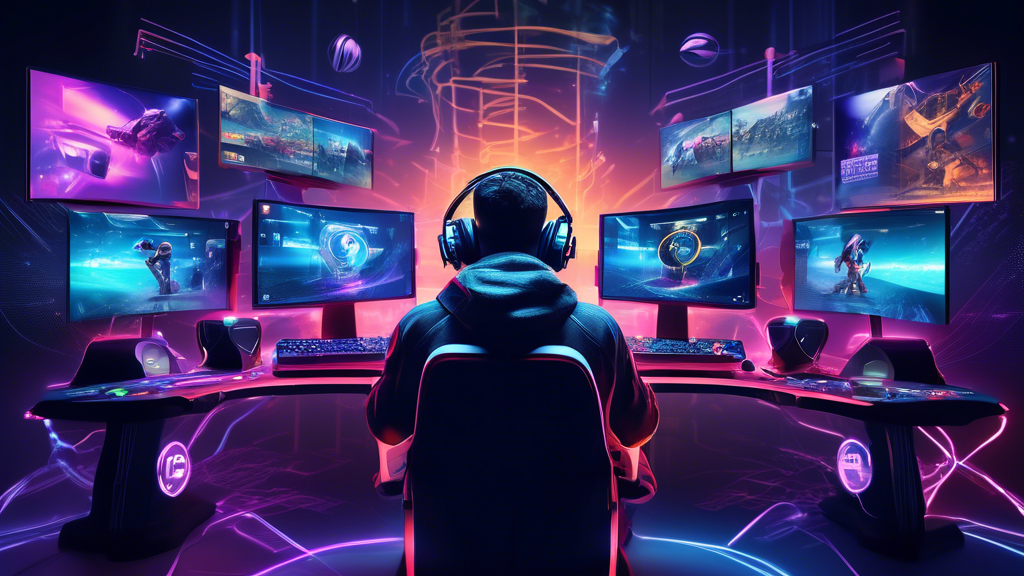 Create an image of a gamer in a high-tech, futuristic gaming setup, with multiple screens displaying different games and servers from around the world. The central focus should be on the gamer looking pleased with steady gameplay and low latency, visualized by smooth lines and fast-moving data streams connecting to servers globally. There can also be symbols or icons representing low ping, high stability, and geographic bypass floating around, emphasizing improved game performance and reduced lag. Include subtle visual elements that hint at the use of a VPN, like a shield symbol or a secure connection icon.