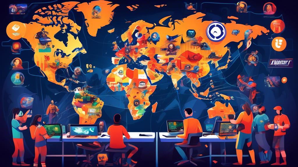 Create an image showcasing a diverse group of gamers from around the world, each interacting with their gaming setups. They are accessing exclusive game content, participating in international tournaments, and engaging with unique, region-specific features. Illustrate a digital world map in the background connecting these gamers, representing the global reach of a Gaming VPN. Include vibrant game graphics, international flags, and symbols of exclusive game content to emphasize the theme.