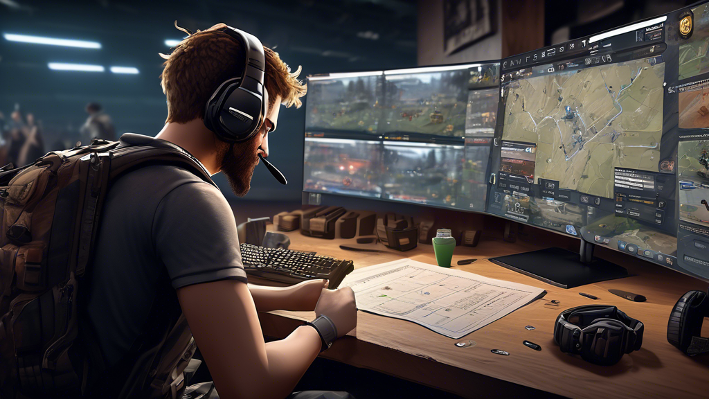 Create a detailed digital illustration of a professional gamer reviewing a post-match analysis for a PUBG tournament. The scene should include the gamer analyzing a replay on a large screen, with statistics and game footage displayed. In the background, show notes and strategies pinned on a board, along with open patch notes on a tablet, and a calendar highlighting practice sessions and upcoming mock tournaments. Style the setting in a modern, well-lit gaming room filled with state-of-the-art equipment and gaming memorabilia.