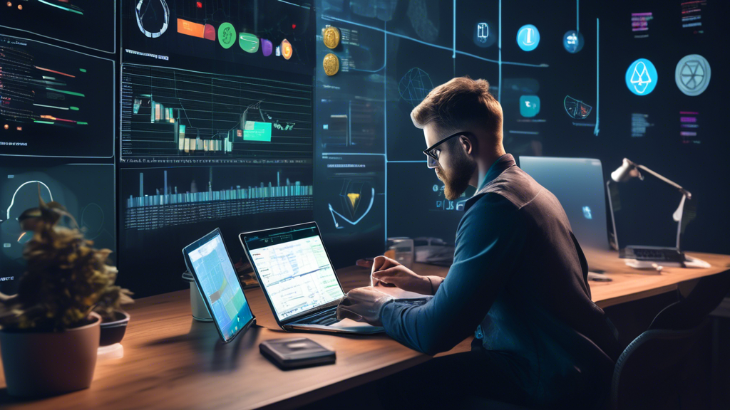Create an image featuring a thoughtful person evaluating multiple cryptocurrency trading platforms. They are seated at a modern workspace with a laptop displaying comparison charts. Surround them are elements representing financial goals, transaction fees, and user reviews, such as a checklist with marked goals, icons of different cryptocurrencies, a pie chart illustrating fees, and user reviews in speech bubbles. The scene should convey the process of selecting the best platform for crypto trading according to individual needs.

**Keyword:** best platform for crypto trading