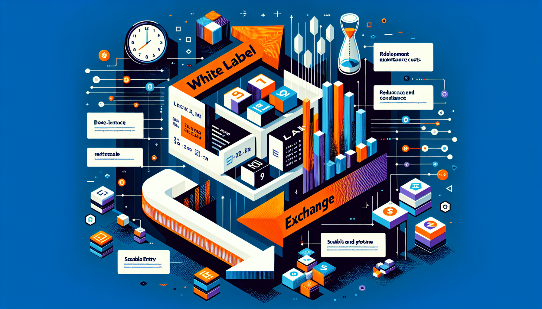 Create an image that showcases the advantages of a White Label Exchange for businesses. Incorporate visuals that highlight reduced development and maintenance costs, accelerated time to market, and opportunities for scaling and customization. The image should use professional, business-like design elements, with symbols or icons representing cost savings, a fast clock for quick market entry, and scalable, customizable options like code or modular components. Include the keyword White Label Exchange prominently in the design.