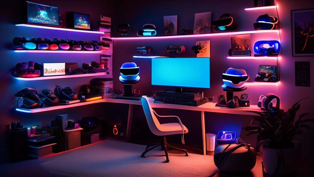 Create an image of a cozy, well-lit gaming room with a PlayStation VR headset and controllers neatly arranged on a stylish stand. The desk features a monitor displaying a Reddit PSVR thread, glowing with helpful tips and game recommendations. In the background, shelves are filled with PSVR game cases, and a few posters of iconic VR games adorn the walls. A coffee mug and some snacks sit on the desk, giving the setup a welcoming feel, emphasizing the top tips and community support available from Reddit enthusiasts. Keywords: PSVR, Reddit, gaming room, VR tips, community support.