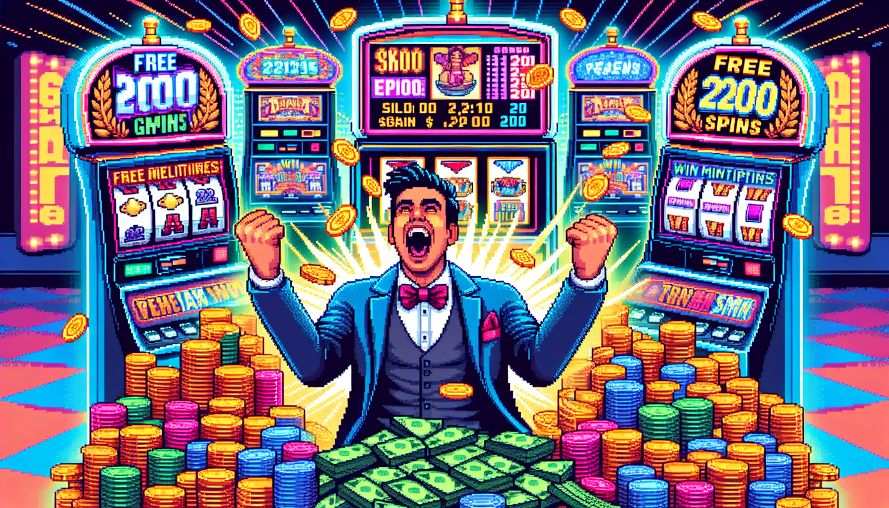 Create an image that showcases the excitement of maximizing 200 free spins for real money wins. The scene should be a vibrant, animated casino floor with slot machines ringing and flashing. In the foreground, depict a player celebrating a big win, surrounded by stacks of coins and cash. Overlay the text Free Spins for Real Wins! prominently on the image. Highlight popular slot games on the machines, and include visual elements such as spinning reels, win multipliers, and a 200 Free Spins badge to emphasize the thrilling potential of these bonuses.