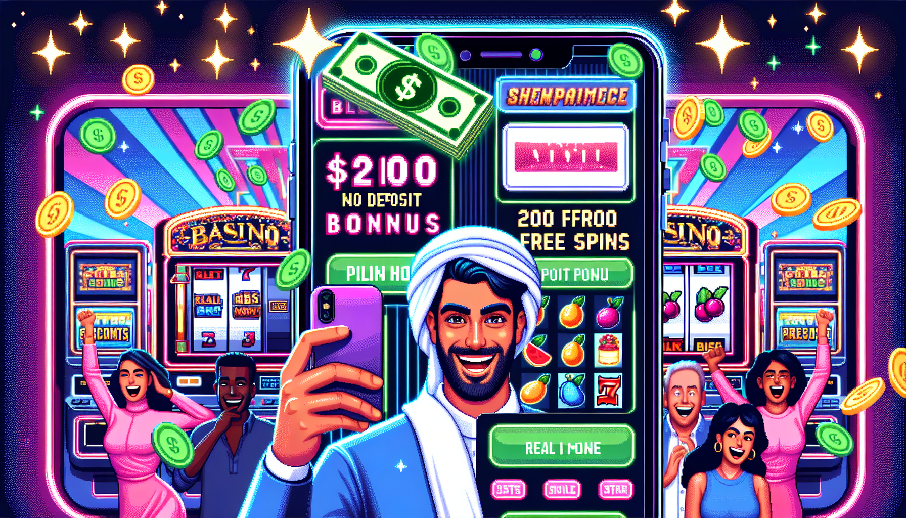 Create an image of a confident, happy person holding a smartphone displaying a casino app. The app shows a bright interface highlighting $200 No Deposit Bonus and 200 Free Spins. In the background, a vibrant casino setting with slot machines and people celebrating. Include graphics like dollar signs and slot game symbols (e.g., fruits, sevens, and bells) to emphasize real money rewards. Subtle visual elements like stars or sparkles in the air to give a sense of success and winnings. Caption reads: Combine Your $200 No Deposit Bonus and 200 Free Spins for Optimal Earnings!