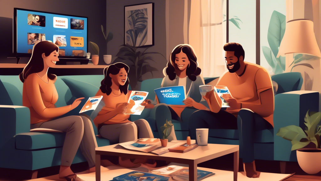 Create a detailed and engaging illustration of a family sitting in their living room, looking at a table covered with DIRECTV Stream package brochures. The family members are discussing and comparing the packages, considering their entertainment needs. Include charts and graphs on the brochures to emphasize criteria for selecting the best package. The room should have a modern, cozy vibe with different streaming devices like a smart TV, tablet, and smartphone visible in the background.