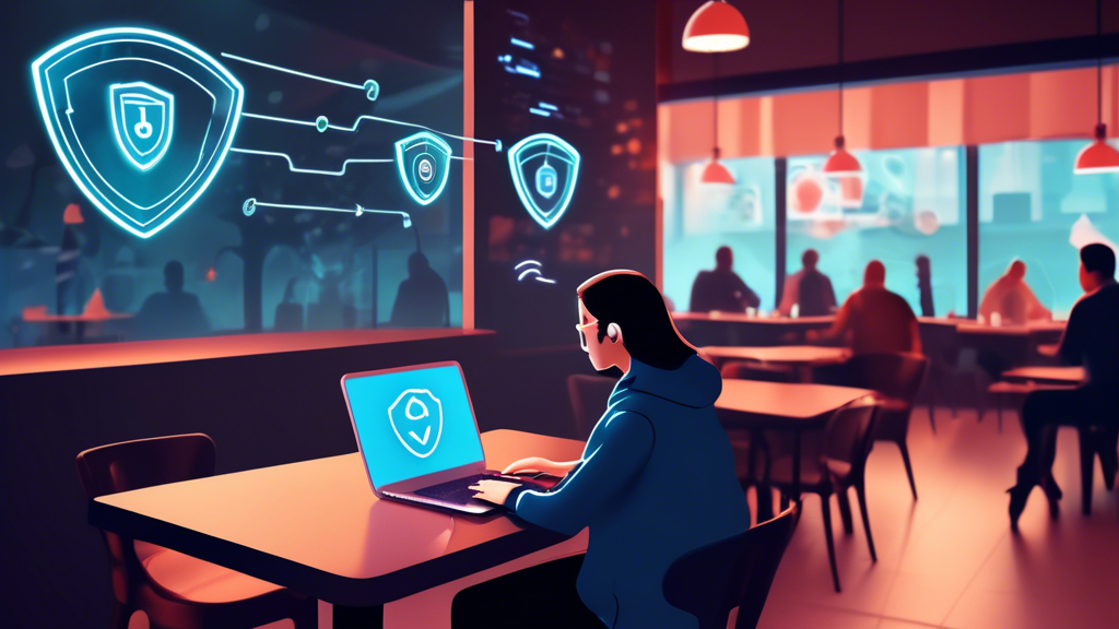 Create an image illustrating Improved Online Security Against Cyber Threats. The scene shows a person using a laptop in a public café, with a visible Wi-Fi symbol. The laptop screen displays a VPN app interface activated. Around the café, faint outlines of hackers and cyber threats are trying to breach the person