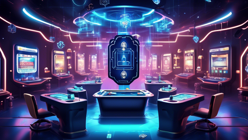 Create an image depicting a futuristic digital casino scene with a focus on security. The scene should include visual elements such as floating padlocks and shields around gaming tables to symbolize safety, a person using a secure network (e.g., WiFi symbol with a padlock), and icons representing Two-Factor Authentication. The environment should convey a sense of high-tech security while still being vibrant and engaging. The title How to Stay Safe While Gambling on Online Crypto Casinos should be prominently featured at the top.