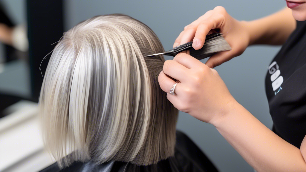 A close-up image of a professional hair colorist applying blonde foils to a client