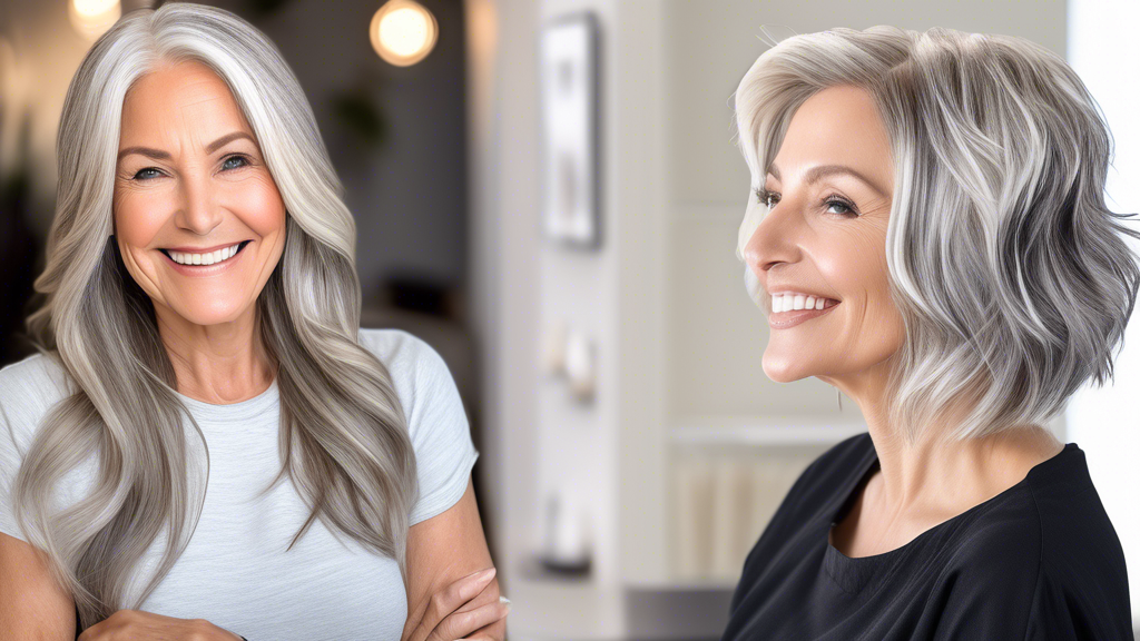 A modern salon scene with a mature woman showcasing stylish blonde foils in her grey hair. Highlight three trending styles: balayage, ombre, and root smudging, each on a different section of her hair. The woman is smiling confidently, her hair catching the light beautifully. Include a color chart or palette in the background with various blonde shades, and a note card listing 