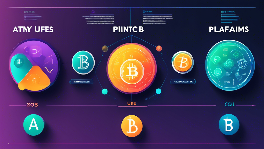Create an image that visually represents a comparative analysis of the top crypto platforms for 2023. The image should include three distinct sections, each highlighting a different crypto platform (Platform A, Platform B, and Platform C). For Platform A, include icons for features, fees, and user feedback; for Platform B, use symbols to represent advantages and potential drawbacks; for Platform C, depict unique offerings and specialization. Use vibrant colors, modern graphics, and a tech-inspired design to convey the dynamic nature of the cryptocurrency market. Include subtle elements like digital currencies or blockchain symbols in the background to enhance the theme of crypto platforms.