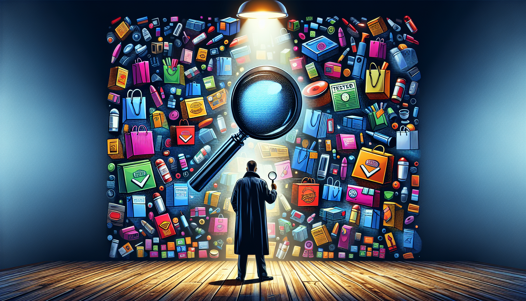 An inquisitive detective with a magnifying glass meticulously examining a giant, colorful collage of Amazon product boxes and tester badges, deciphering which are authentic and which are counterfeit under a bright, gleaming spotlight in a dark, mysterious room.