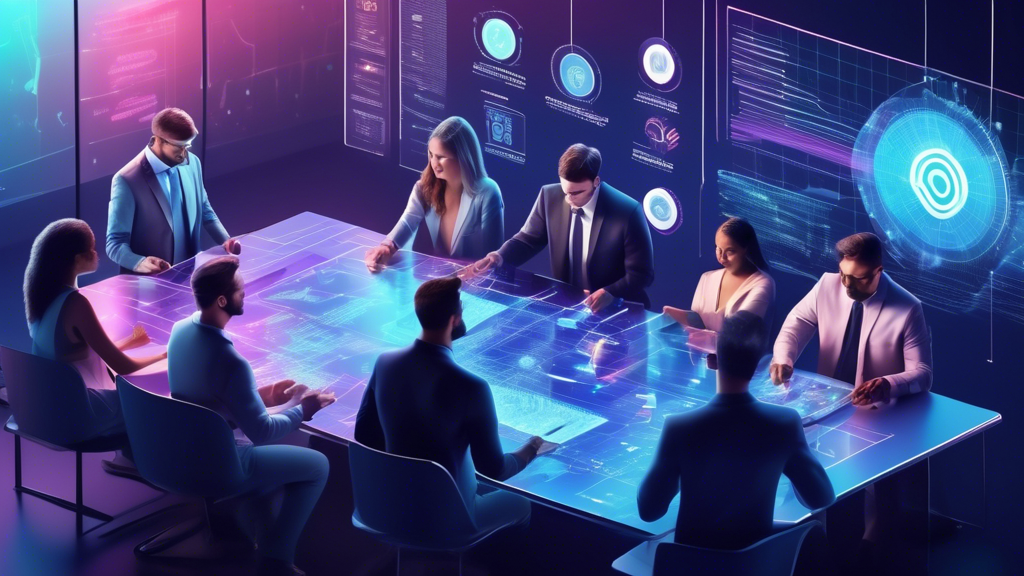 Create an image featuring a diverse group of people analyzing various aspects of cryptocurrencies around a futuristic digital table. Each person holds holographic projections of charts and graphs detailing market capitalization, technological innovations, community support, development teams, future prospects, partnerships, risks, and volatility. The background should reflect a modern and high-tech meeting room with the text 