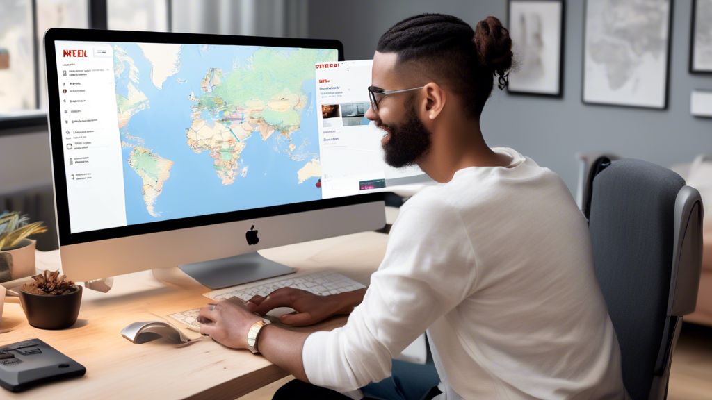 Create an image that illustrates the following:

A user sitting at a computer with the Netflix homepage open on the screen. The computer is connected to NordVPN, as indicated by a clear NordVPN logo in the top corner of the screen. The user is selecting a server location from a world map displayed on the VPN interface, with emphasis on various regions across the globe. Icons signifying successful connection and unblocking of geo-restricted content illuminate, alongside a calm and satisfied expression on the user