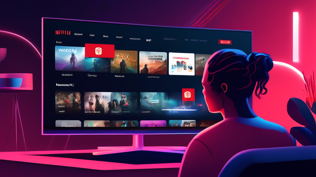 Create an image featuring a streaming setup with a smart TV displaying the Netflix homepage through NordVPN. In the foreground, depict smooth, high-speed internet signals represented visually (like streaks of light). Include smaller icons or shields symbolizing security and privacy, and user review quotes floating around, praising the performance and effectiveness of NordVPN for seamless streaming.