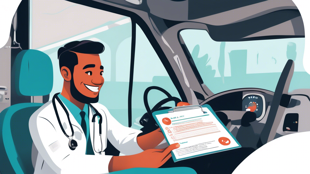 DALL-E prompt: Create an illustration showing a commercial driver preparing and following tips for a CDL DOT medical exam. The image should include visual elements such as the driver eating a healthy meal, exercising, and reviewing health records. Depict a clipboard with an exam checklist and a smiling doctor ready to assess the driver. The setting should be a well-lit clinic with motivational health posters on the wall for a positive atmosphere, emphasizing a successful medical check-up experience.
