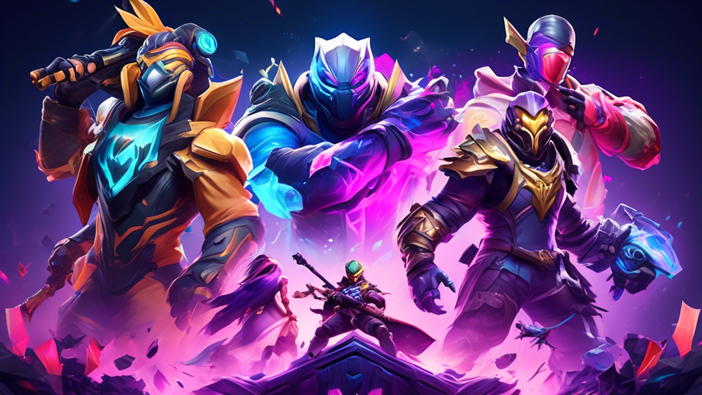 Create an image showcasing the most popular esports games of 2023. The scene should feature vibrant, dynamic visuals of top games like League of Legends, Dota 2, Fortnite, and Valorant. Each game should be represented by iconic characters or gameplay elements, such as champions from League of Legends, heroes from Dota 2, Fortnite