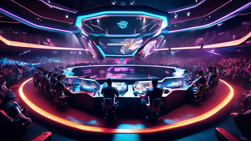 Create an imaginative and dynamic scene showcasing a futuristic esports arena packed with enthusiastic fans, where holographic displays show emerging games on the cusp of becoming top esports titles. Incorporate advanced technology like VR headsets and augmented reality elements influencing the gameplay. Include industry experts in the scene discussing predictions on the future evolution of esports games. Capture the excitement and innovation driving the future of top esports games.