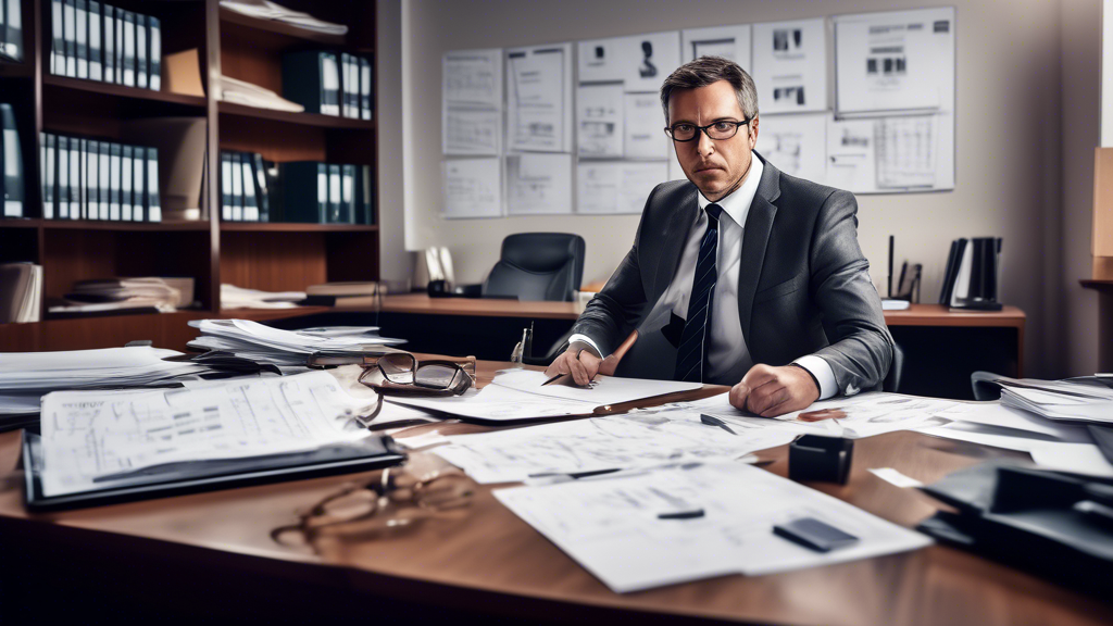 Create an image that depicts a dedicated personal injury lawyer in action: The scene is set in a modern and professional law office. The lawyer, dressed in a suit, is intensely focused, with files and documents meticulously spread out on the desk. To one side, a whiteboard with charts, diagrams, and timelines about an injury case investigation can be seen. There is an image of a courtroom on a computer screen, suggesting preparation for litigation. Surrounding the lawyer are visual elements representing evidence gathering, such as a magnifying glass, photographs, and official documents, highlighting their thorough approach to securing compensation for the client. The atmosphere should convey determination and meticulous attention to detail.
