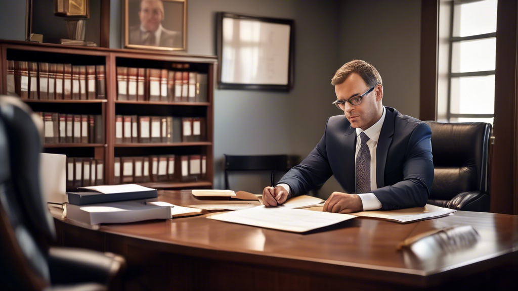 Create an image of a professional office setting where a personal injury lawyer is engaging in a consultation with a client. The lawyer sits across from the client at a polished wooden desk, which has neatly organized folders and a laptop. The client looks attentive, holding some documents. On the wall in the background, diplomas and awards are prominently displayed, indicating the lawyer