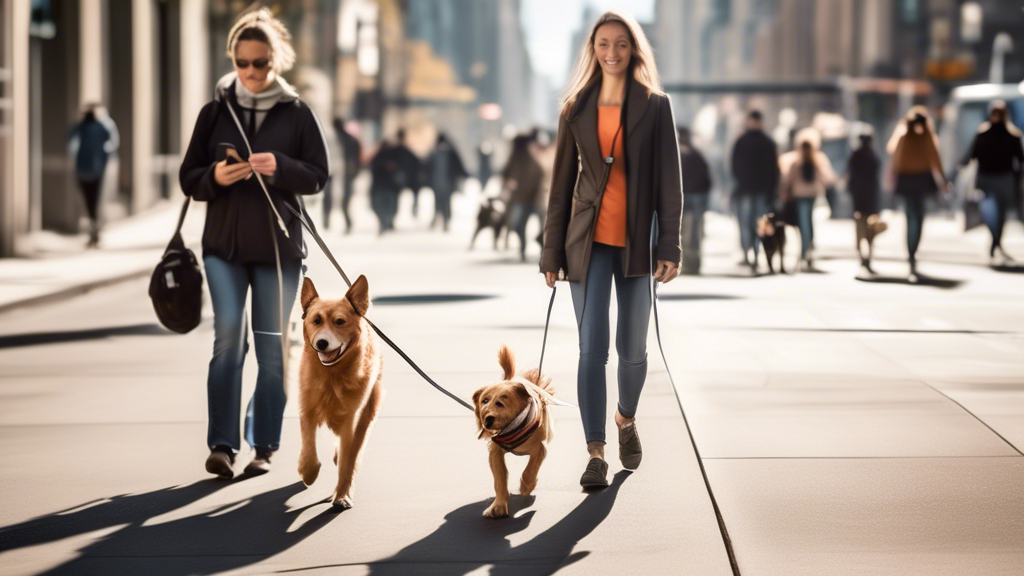 Create an image of a person walking their dog with a handsfree dog leash attached securely to their waist. The setting is a busy city street with a lot of pedestrians and traffic. The person looks confident and in control as the dog walks calmly by their side. Highlighting the secure attachment of the leash to illustrate stability and safety, the image should convey a sense of ease and assurance in managing the dog without the person having to hold the leash in their hand.