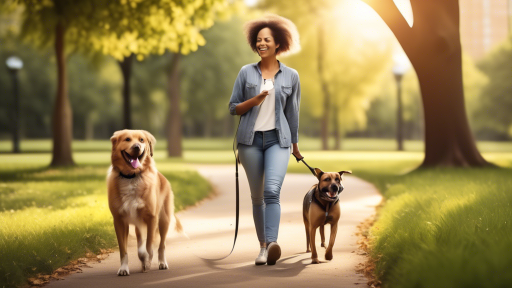 Create an image of a happy dog owner and their dog walking in a scenic park, both looking relaxed and in sync. The owner is using a handsfree dog leash attached to their waist, leaving their hands free to gesture and interact with their pet. The dog is calmly walking beside them, showcasing positive behavior and attentiveness to the owner. Include elements of nature like trees and a path, emphasizing the serene environment that fosters bonding and training. Show the ease and connection between the owner and the dog that this leash design supports.