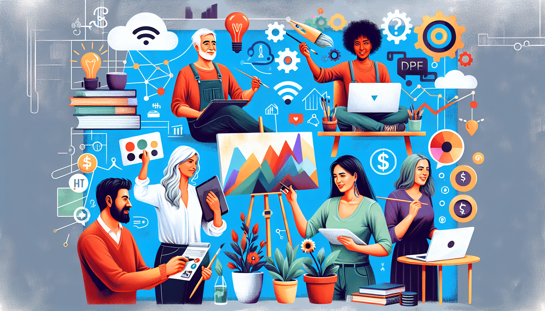 Prompt for DALL-E:

An illustration showing various strategies to make money on the side. The image should depict a diverse group of people engaged in different activities such as freelancing on a laptop, showcasing a hobby like painting, discussing rental property, and people investing in the stock market. Include icons representing online platforms, remote jobs, the gig economy, and affiliate marketing. The backdrop should reflect a modern, digital landscape, emphasizing creativity and opportunity.