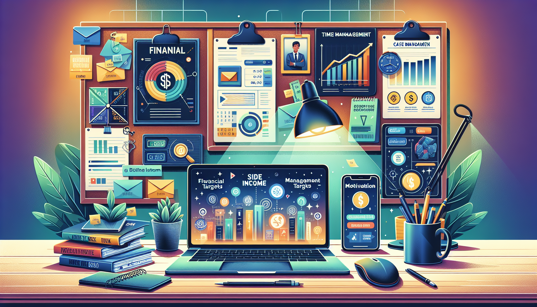 Create an image depicting How to Successfully Start and Sustain Your Side Income Venture, featuring an organized workspace with a laptop displaying financial goals, a planner with time management tasks, various helpful apps and websites open on multiple screens, and a bulletin board displaying inspiring case studies and success stories. The setting should be uplifting and motivational, showing the steps to effectively balance a side hustle with other commitments.