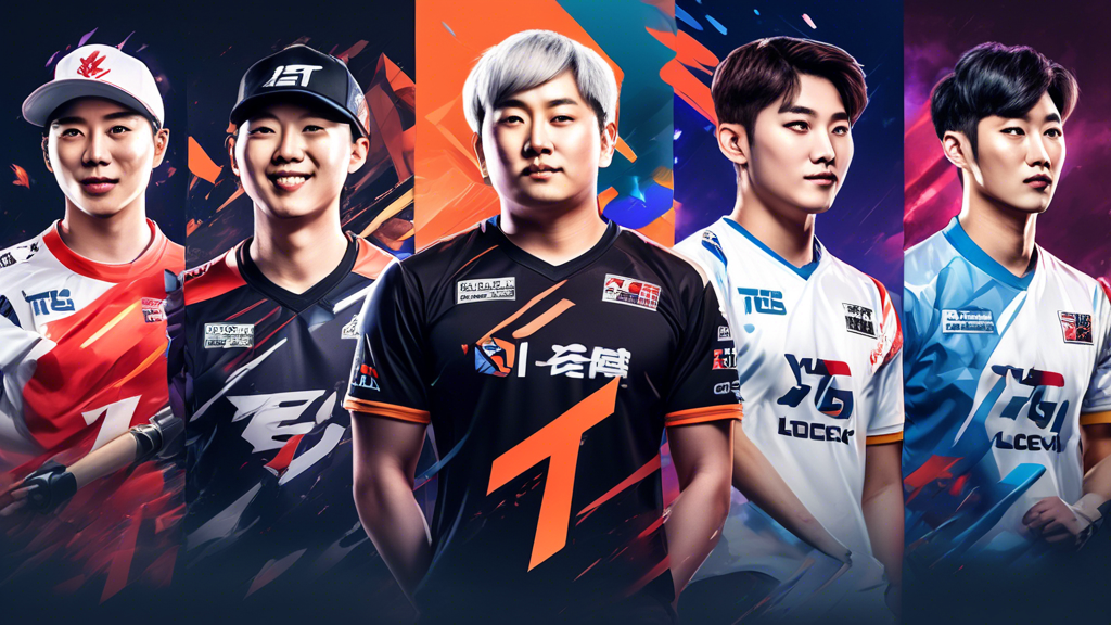 Create an image depicting the key players of T1 in the LCK, showcasing their standout performances and pivotal roles. Incorporate detailed player statistics on screens behind them, in a dynamic esports arena. Include a subtle contrast with KT’s star players in the background, hinting at their contributions and rivalry.