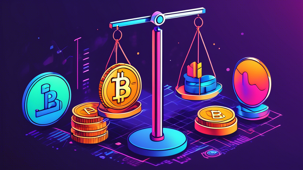 A detailed illustration showcasing the essential crypto trading strategies for beginners, highlighting HODL, day trading, and swing trading. The image should depict a balance scale weighing technical analysis against fundamental analysis, with icons representing diversification and risk management surrounding the scale. Use visual elements that convey simplicity and clarity to make it approachable for beginners.