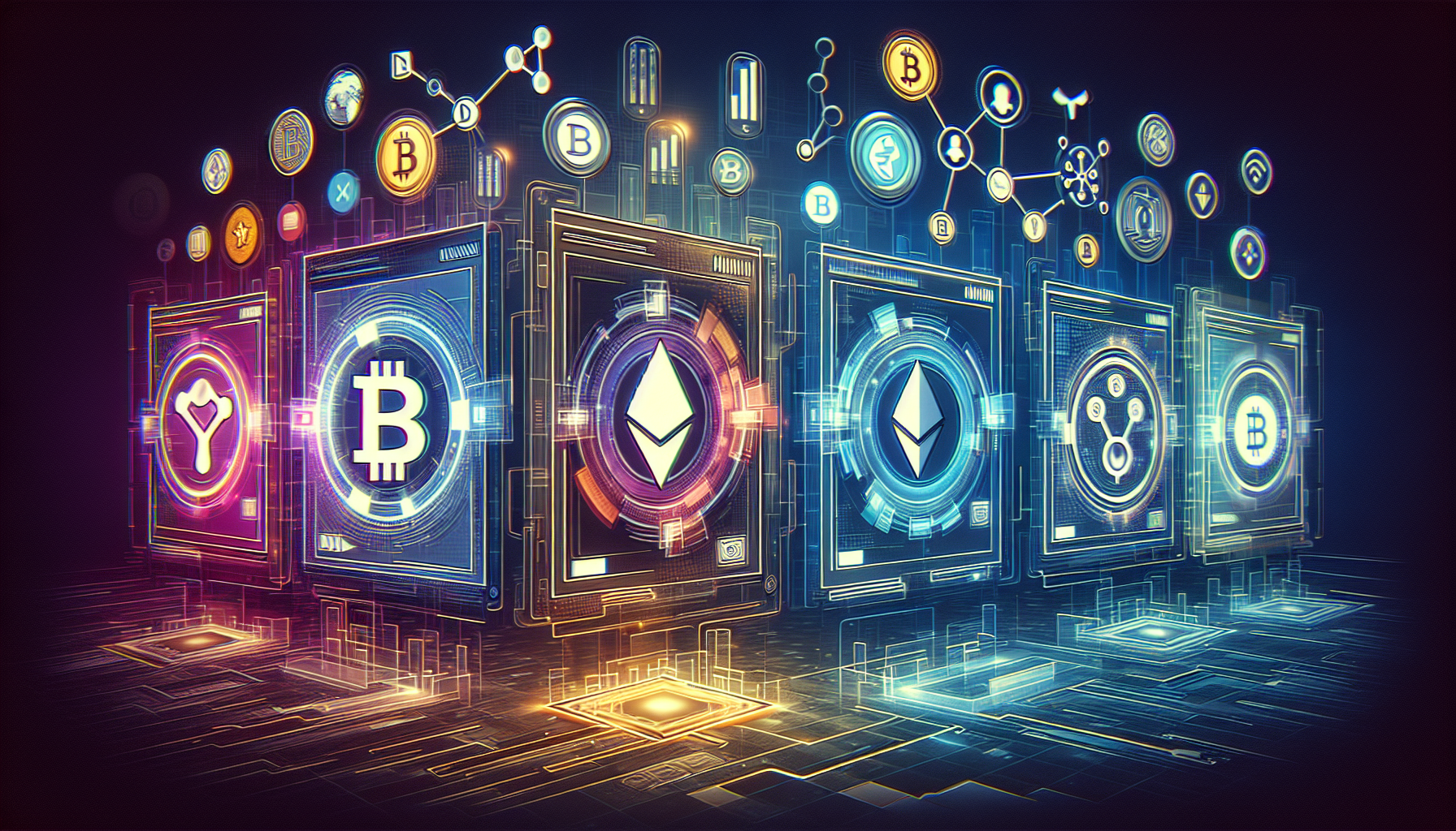 Create a DALL-E prompt for an image related to outline point #2:

Create an image featuring a sleek digital interface showcasing three prominent cryptocurrency trading platforms: Binance, Coinbase, and Kraken. Each platform is represented by its distinctive logo and interface elements, placed within a modern, tech-savvy environment. The background should include abstract graphics of blockchain and crypto icons, with subtle user reviews and expert rating symbols integrated into the design. The overall feel should be futuristic, secure, and professional, representing the top crypto trading platforms of 2023.
