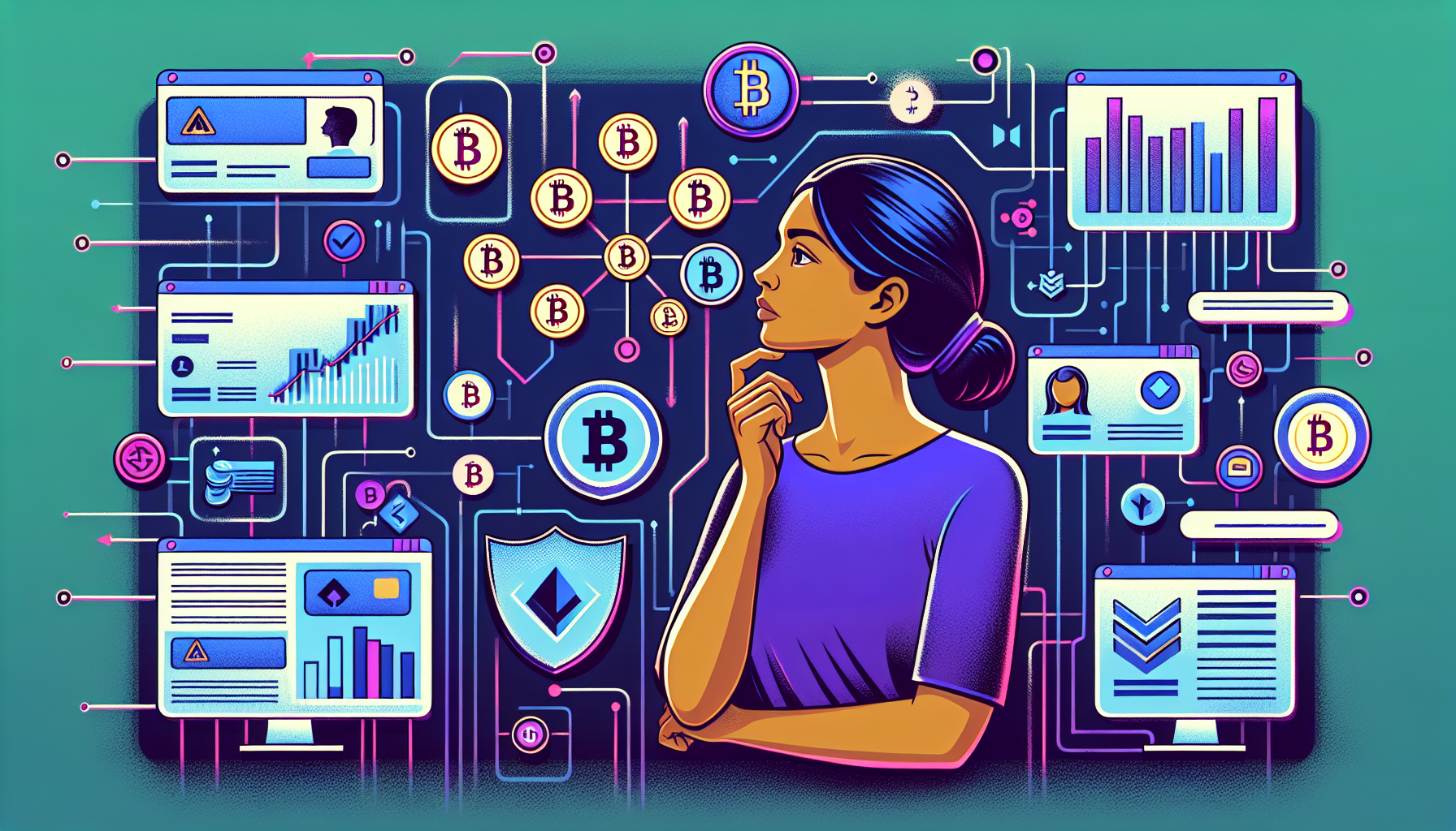 Title: Choosing the Best Crypto Trading Platform for Your Needs

Prompt for DALL-E: 

Create an image that represents the decision-making process for selecting a crypto trading platform. The image should feature a person analyzing various factors such as supported cryptocurrencies, payment methods, regulatory compliance, and platform features. Use symbols or icons to represent each factor: a variety of crypto coins, credit card and bank icons for payment methods, a shield or checkmark for regulatory compliance, and user interface screens for platform features. The person should look thoughtful, weighing their options, with an organized and informative background that conveys careful consideration.