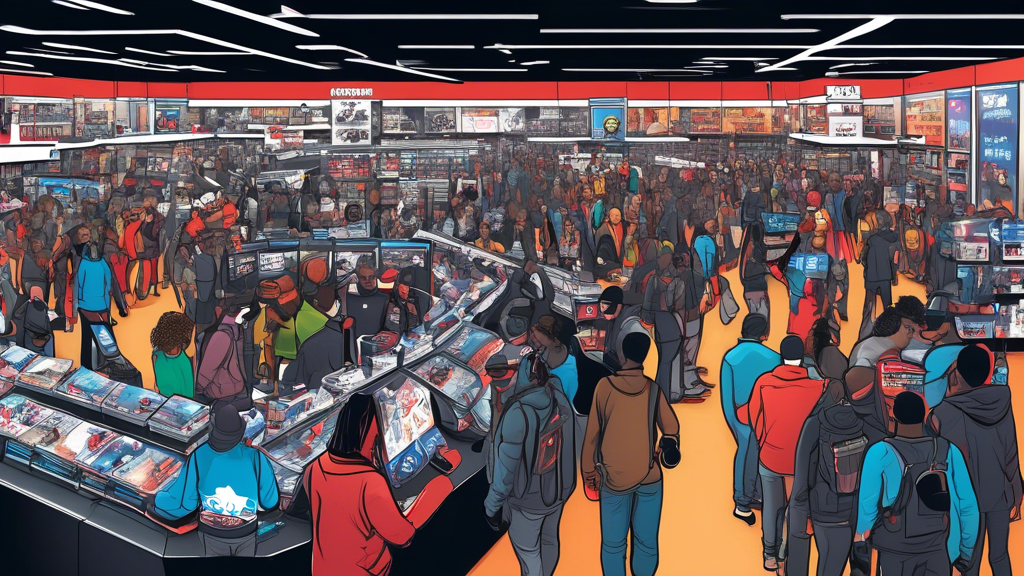 Prompt: An illustration of a vibrant GameStop store interior during a busy sales event like Black Friday or Cyber Monday. The store is filled with enthusiastic customers browsing through shelves and displays featuring various PlayStation VR headsets, games, and accessories. Highlight special sale signs indicating discounts, and include a prominently placed banner advertising exclusive holiday deals. Some customers are at the checkout counter, taking advantage of pre-owned VR units and bundled deals. The overall scene should capture the excitement and energy of a major sales day at GameStop.