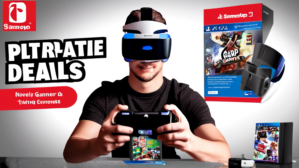 Create an image showing a tech-savvy gamer using GameStop’s mobile app on their smartphone. The app screen should display various PlayStation VR deals and promotions. Include an illustration of the gamer holding a PlayStation VR headset in one hand, and a stack of trade-in games and consoles on a table nearby. The background should subtly feature the GameStop logo and branding, conveying a sense of excitement and smart shopping.