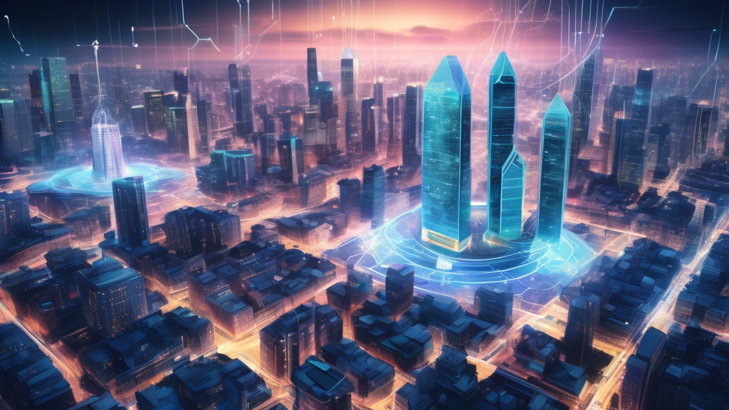Create a hyper-realistic image depicting the transformative impact of decentralized digital money on global financial systems. Illustrate a futuristic cityscape where traditional financial institutions are interwoven with advanced blockchain networks. Showcase glowing, transparent buildings representing Decentralized Finance (DeFi) platforms, and bustling economic exchanges between diverse businesses and economies. Highlight the integration of digital currency symbols throughout the scene, with hints of future trends and potential developments in decentralized digital money. Use a combination of traditional architectural elements and cutting-edge, digital interfaces to symbolize the shift from old to new financial paradigms.