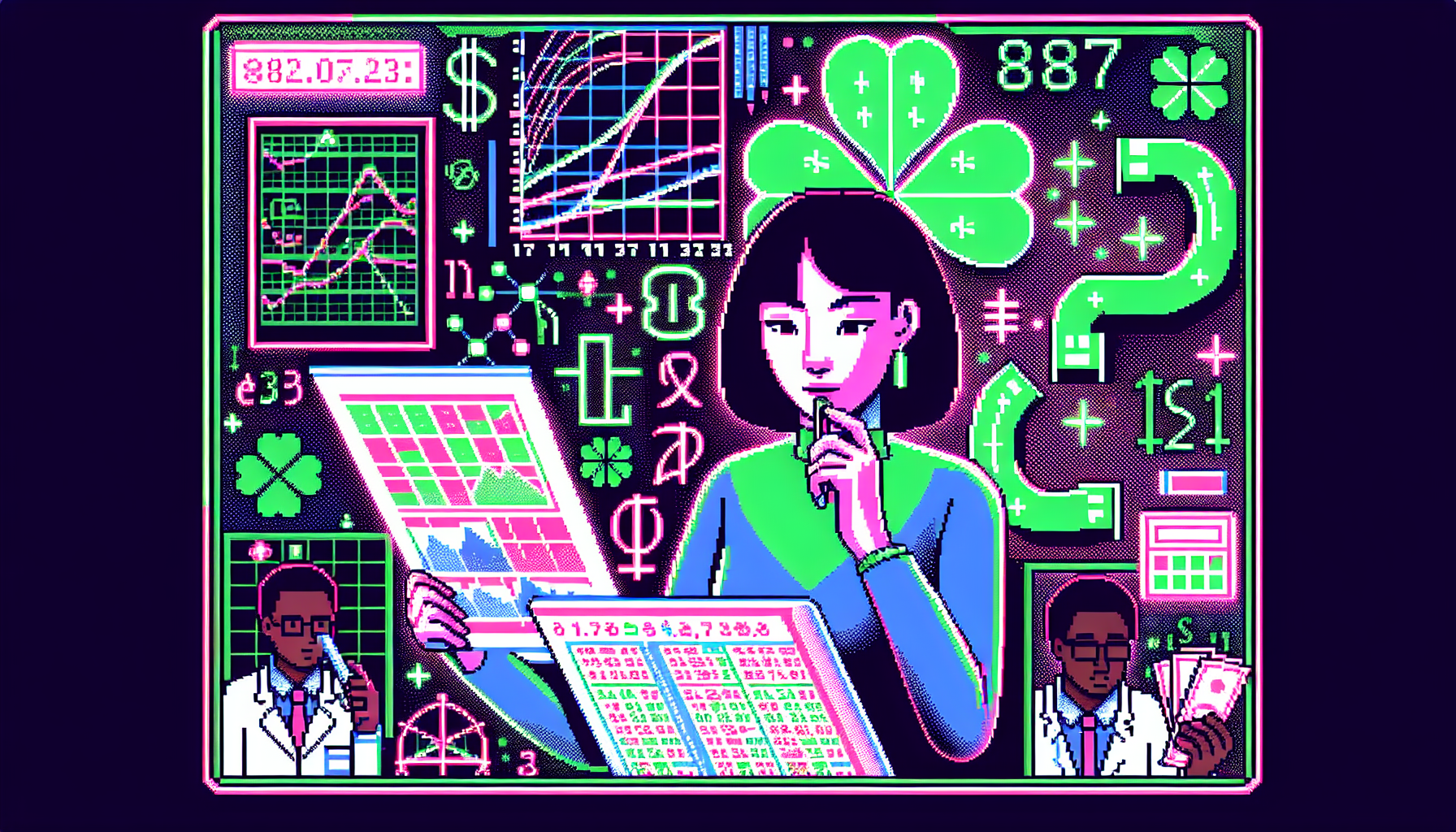 Prompt for DALL-E:

A dynamic image that showcases the journey of increasing your chances of winning the magic jackpot. The scene should include a person analyzing graphs and charts of previous lottery winners, along with illustrations of statistical analysis and probability theories. Additionally, depict effective ticket-buying techniques by showing a person purchasing tickets at different locations and times. The background should combine elements of luck, such as four-leaf clovers and horseshoes, integrated with mathematical symbols, like pi and sigma, to symbolize the blend of strategy and chance.