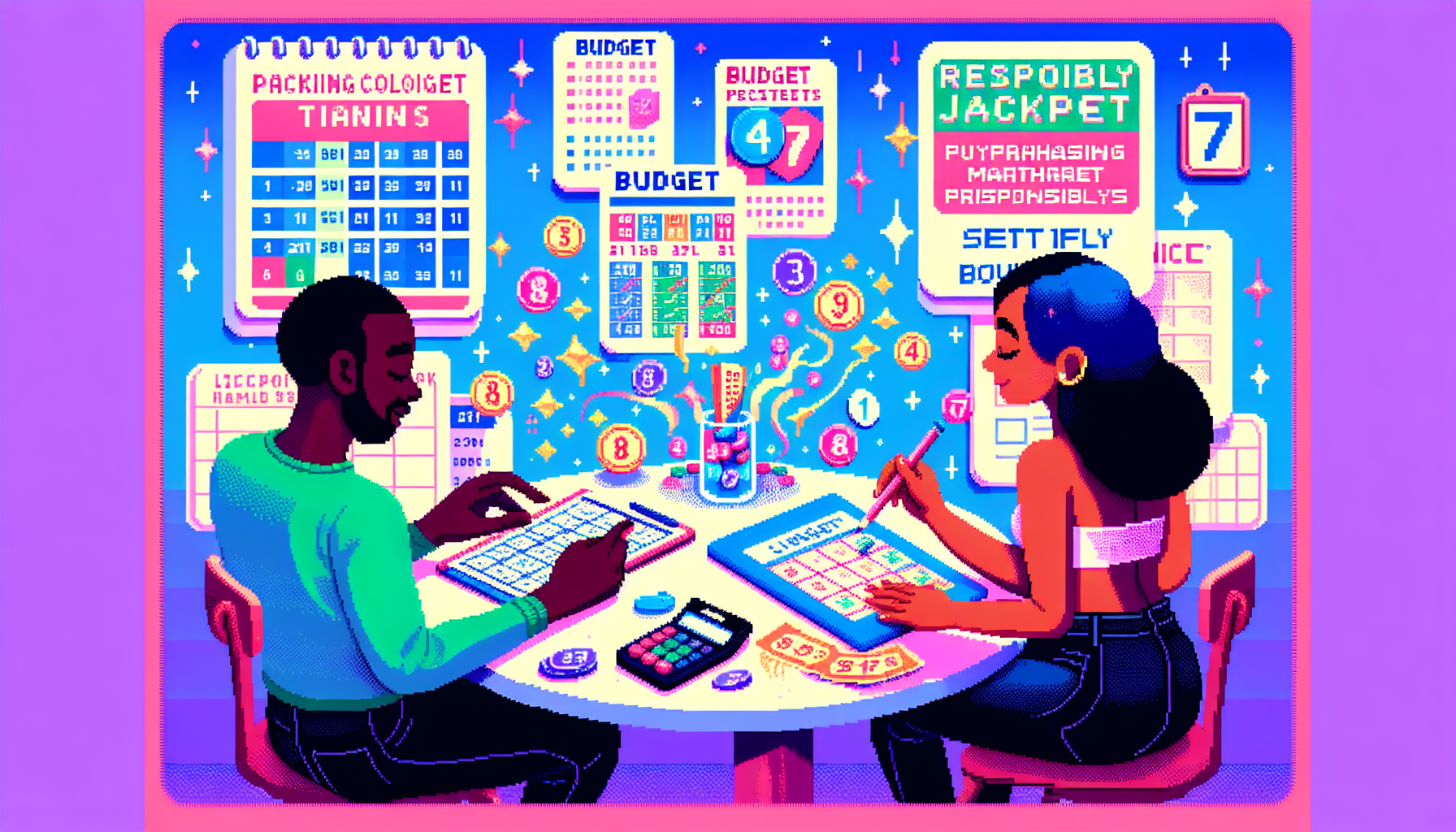 A vibrant and engaging illustration of a person setting a dedicated budget for buying magic jackpot tickets. The scene should depict a balanced, cheerful approach to gaming with elements showing financial planning such as a calendar, budget sheet, and responsibly purchased tickets. In the background, show signs promoting responsible gaming and creating healthy boundaries, with subtle elements of magic and luck themes weaving through the scene, such as sparkles and whimsical numbers floating gently in the air.