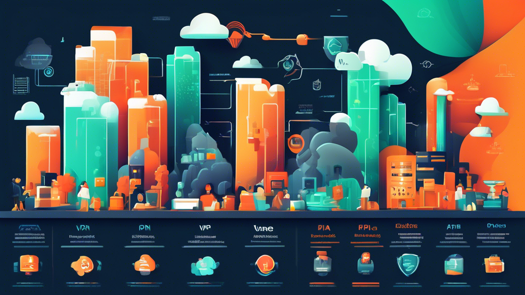 Create an illustration comparing PIA VPN with other VPN services. Showcase PIA VPN’s unique selling points, pricing, and user testimonials in a visually engaging chart or infographic. Use clear icons and contrasting colors to highlight key differences, such as affordability, features, and user satisfaction.
