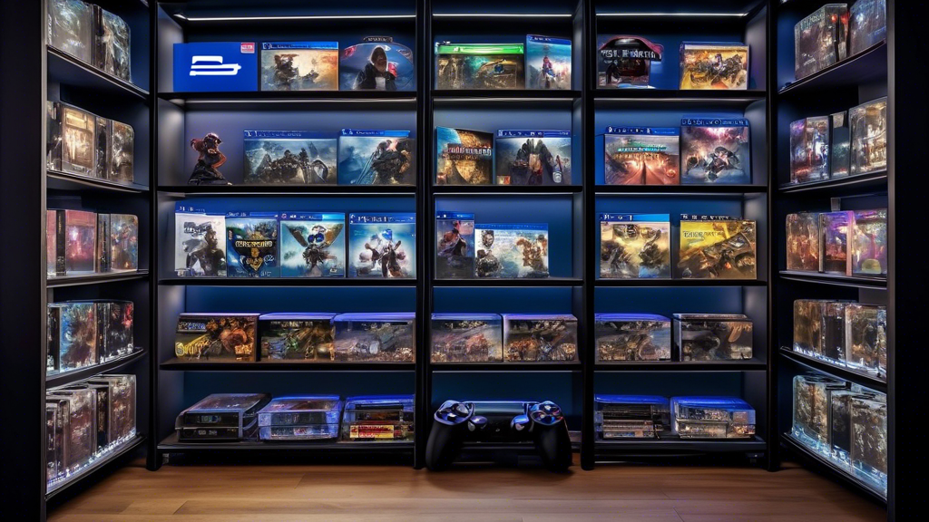 Create an image that features a wide selection of pre-owned PS4 games and accessories neatly displayed on shelves in a cozy, well-lit gaming room. Include a PS4 console prominently placed at the center, surrounded by a variety of second-hand games in their cases, controllers, and other accessories like VR headsets and charging stations. Add a friendly price tag design and small “pre-owned” signage to emphasize the second-hand nature. The overall atmosphere should be inviting, showing that the second-hand market offers a plethora of gaming options and accessories readily available for avid gamers.